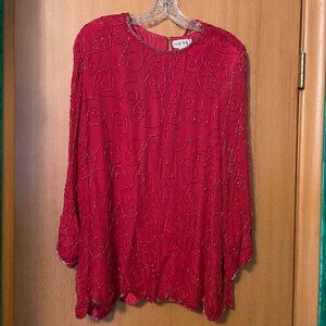 Vintage Principles Red Beaded Tunic Blouse AS IS